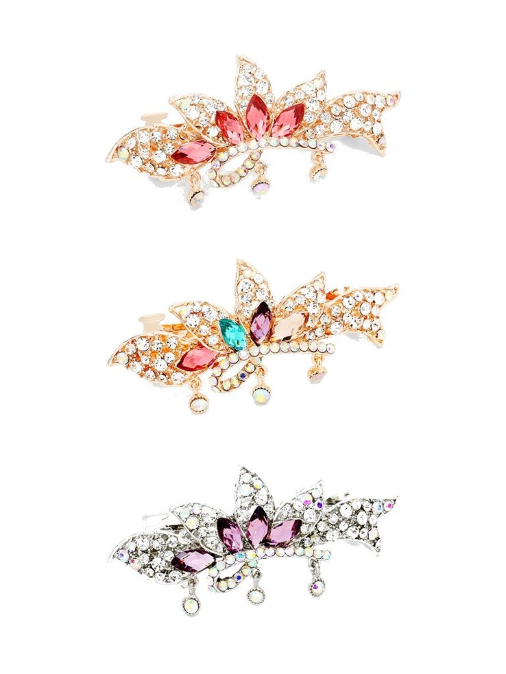 3 Crystal Leaf Dangle Hair Barrettes - Gold and Silver Tone Rhinestone Clip Set